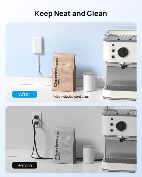 Before and after using Flat Plug Power Strip With Ultra Thin Outlet Cover For Tight Spaces, showing organized cables behind coffee maker.