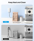 3 Ft Flat Extension Cord With Ultra Thin Outlet Cover used in a clean kitchen setup with espresso machine and coffee bag.
