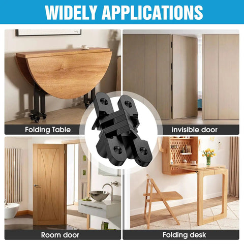 Invisible Cabinet Door Hinges 180 Degree Sweep Hidden Cross Hinge 4 Pack For Frameless Furniture No Sweat Setup Smooth Rotation showing folding furniture applications.