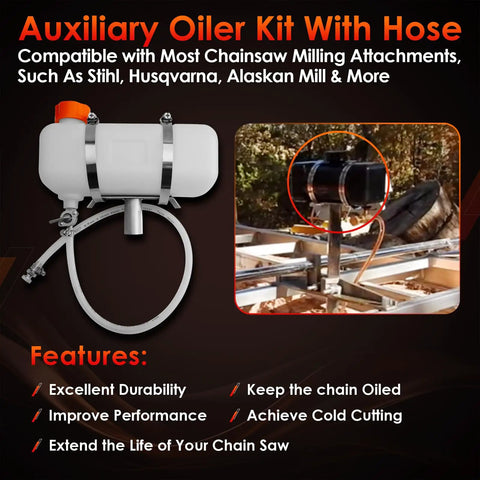 Oiler Kit For Chainsaw Milling Attachments That Slashes Chain Wear, Extends Life, and Keeps Your Milling On The Move, displayed with hose