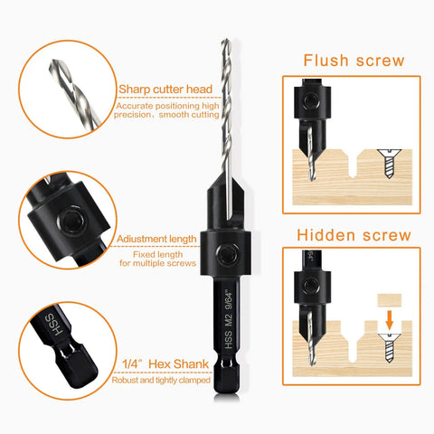 Image showing 5 Piece Woodworking Countersink Counterbore Drill Bit Set 3 In 1 For Flush Screws 6 To 16, M2 Pilot Bits, Adjustable