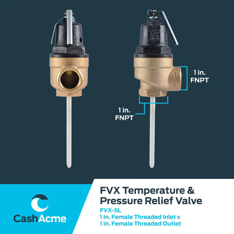 1 Inch Inlet Water Pressure And Temperature Relief Valve, High Flow Brass Plumbing Fitting For Commercial Use, FVX 5L, Push To Connect, Easy Install, Durable Brass Body, 1 in FNPT