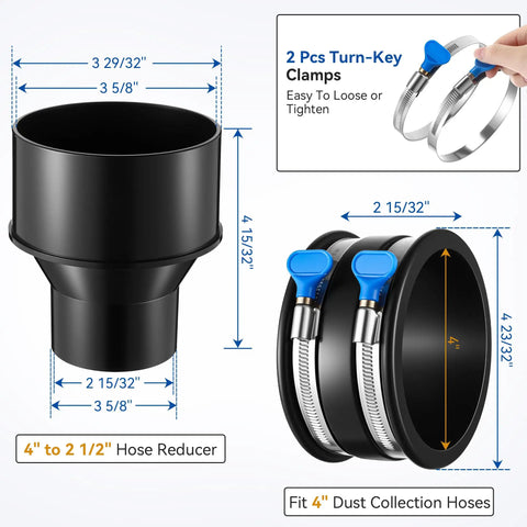 All In One 10 Ft PVC Dust Collection Hose Kit With 4 In To 2 And 1 Half In Cone Reducer, 2 Steel Hose Clamps visible