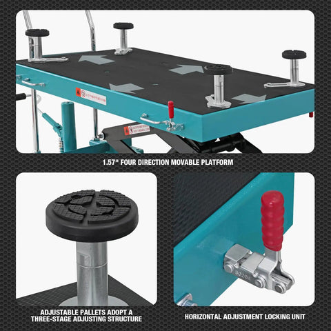 Heavy Hitter One Ton Hydraulic Battery Lift Table Adjustable Height Electric Vehicle Service Platform with movable platform and locking unit.
