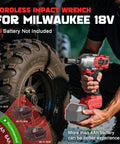 Pro Level Cordless Impact Wrench 3 8 Inch Plays Nice With Milwaukee 18 Volt Batteries Drops A Mean 600 Ft Lbs Torque At 3100 Rpm held near tire.