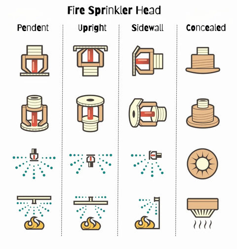 Fire Sprinkler Head types: Pendent, Upright, Sidewall, and Concealed illustrating different installation styles.