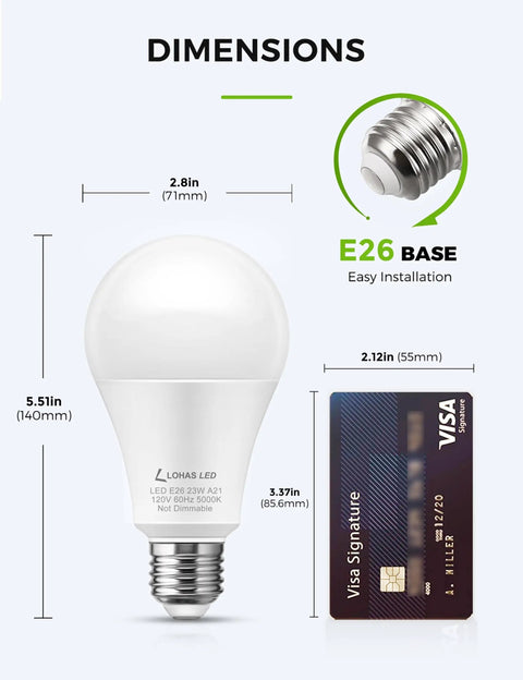 Side view of Ultra Bright A21 LED Light Bulb 23W Equivalent 150 To 200W 2500 Lumen 5000K Daylight E26 Non Dim No Flicker Energy Efficient Home Garage Porch 2 Pack Long Lasting Lamp Replacement with dimensions next to a credit card for size comparison.