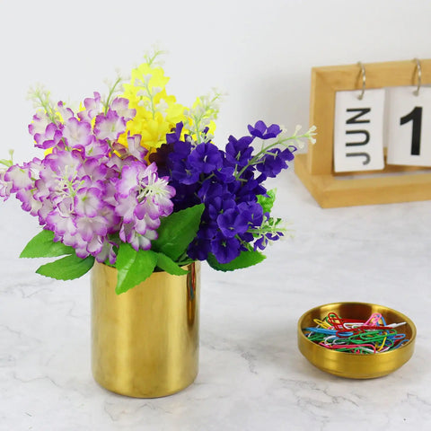 Gold desk organizer set with floral arrangement and paper clip holder, ideal as office decorative desktop accessory for a clutter-free workspace