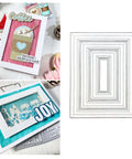 Stitched Rectangle Frame Die Cuts Set For Card Making And Scrapbooking, DIY Embossing, Photo Decor, And Gift Tags, Silver Metal Dies, 14.3x11.1cm, 3 Pieces displayed with example crafts