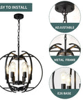 Black Globe Pendant Lights With Six Lights, Adjustable Ceiling Hanging Chandeliers For Kitchen, metal frame details