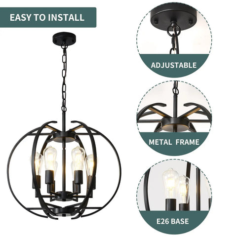Black Globe Pendant Lights With Six Lights, Adjustable Ceiling Hanging Chandeliers For Kitchen, metal frame details