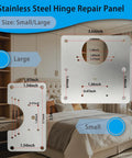 Stainless steel hinge repair panel showcasing small and large sizes with dimensions for 8 Piece Cabinet Hinge Repair Plate Kit With Hinge Fixing Brackets And 48 Self Tapping Screws For Easy Install Quick Fix For Kitchen And Bathroom Cabinets DIY Ready.