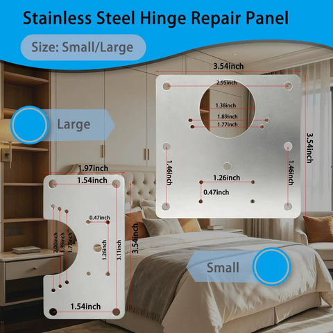 Stainless steel hinge repair panel showcasing small and large sizes with dimensions for 8 Piece Cabinet Hinge Repair Plate Kit With Hinge Fixing Brackets And 48 Self Tapping Screws For Easy Install Quick Fix For Kitchen And Bathroom Cabinets DIY Ready.
