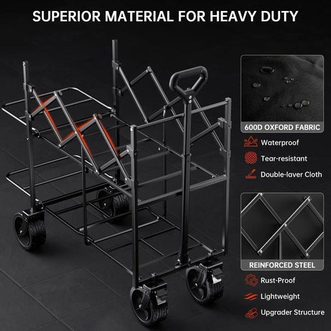 Two Tier Collapsible Wagon With Brakes And Big All Terrain Wheels Folding Utility Cart for heavy duty hauling camping gear sports