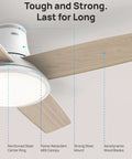 44 Inch Flush Mount Ceiling Fan With Bright Lights, Smart App And Remote Control, showcasing reinforced steel center ring and wood blades.