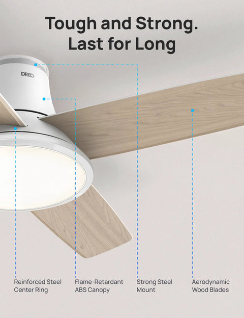 44 Inch Flush Mount Ceiling Fan With Bright Lights, Smart App And Remote Control, showcasing reinforced steel center ring and wood blades.