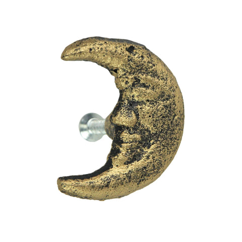 Set Of Six Gold Finish Cast Iron Crescent Moon Face Drawer Pulls For Celestial Decor, Decorative Cabinet Knobs For Furniture.