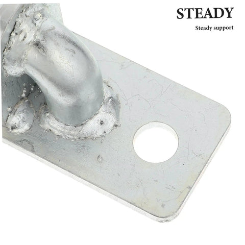 Close-up of Rock Solid Wall Mount Gate Hinges 4 Pack Heavy Duty Galvanized Steel part with welded backing plate.