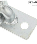 Rock Solid Gate Hinges Set Features Four Wall Mount Brackets Engineered For Wooden Fence Posts And Exterior Barn Doors close-up view of silver hinge with weld and mounting hole.