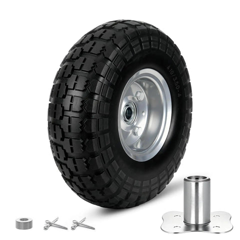 10 Inch Solid Rubber Tire Wheel No-Flat With 5/8 Inch Double Sealed Bearings, 2.2 Inch Offset Hub, 4.10/3.50-4 Size, Heavy Duty Wheel