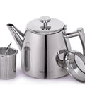 Top Tier Stainless Steel Teapot With Integrated Fine Mesh Infuser And Double Wall Construction That Stays Piping Hot One Liter Capacity.