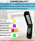 Keyless Garage Door Opener Keypad Replacement For LiftMaster, Chamberlain, And Craftsman With Yellow Purple Red Orange Green Learn Buttons Since 1993 Easy Wireless Entry No Key Needed Black Shell open with compatibility chart.