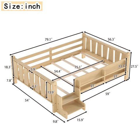 Toddler Floor Bed With Storage Bookcases And Easy Access Stairs Safe Guardrails All Around No Box Spring Needed Light Natural Finish
