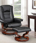 Reclining Massage Chair With Faux Leather Finish Cozy Ottoman 360 Degree Swivel Wood Base Black Living Room Recliner