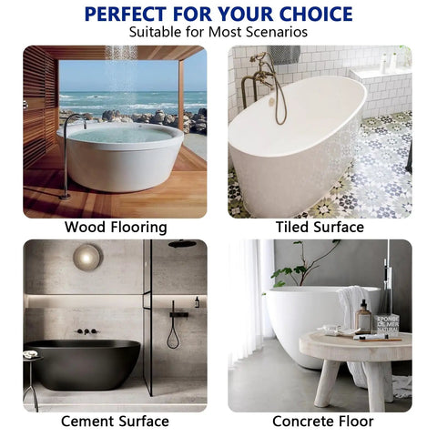 Freestanding Tub Drain Rough In Kit With PVC Adapter For Floor And Island Bathtubs shown in various surface settings: wood, cement, and tile.