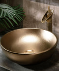 Modern Ceramic Vessel Sink with Faucet and Drain, Luxury Gold Oval/Rectangle Countertop Bathroom Vanity Basin for Home or Hotel Decor - smooth gold vessel sink with stylish faucet.