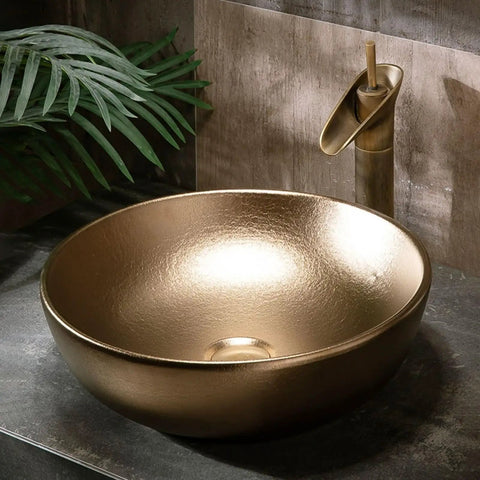 Modern Ceramic Vessel Sink with Faucet and Drain, Luxury Gold Oval/Rectangle Countertop Bathroom Vanity Basin for Home or Hotel Decor - smooth gold vessel sink with stylish faucet.