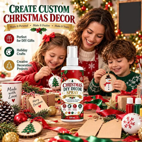 Family crafting with Christmas DIY Decor Spray Paint, Black Holiday Craft Mist for Ornaments on a festive table.