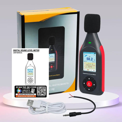 Decibel Meter Data Logger With Real Time Sound Level Readouts, 43,000 Data Capture And Excel Export, Rechargeable Noise Monitor With AC DC Output, Three Color Alarm, PC Connectivity And Main Unit Display with USB cable and manual