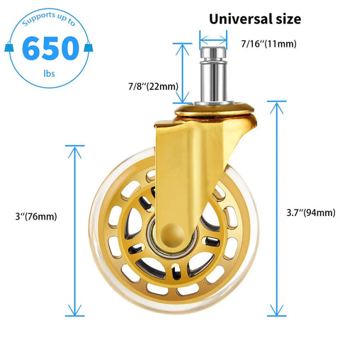 Top Shelf Roller Blade Office Chair Wheels Soft Polyurethane Desk Caster Set Of Five 3 inch gold caster with universal 7/16 inch stem.