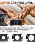 Copper Tube Fittings Crimping Tool With One Half, Three Quarters And One Inch Jaws against copper pipes background