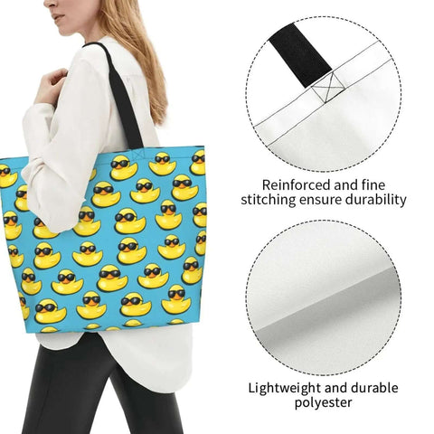 Big Lightweight Tote For Women With Cool Duck Sunglasses Print Reusable Foldable Travel Shoulder Bag Water Repellent Polyester Everyday Carry For Work Shopping And Daily Errands