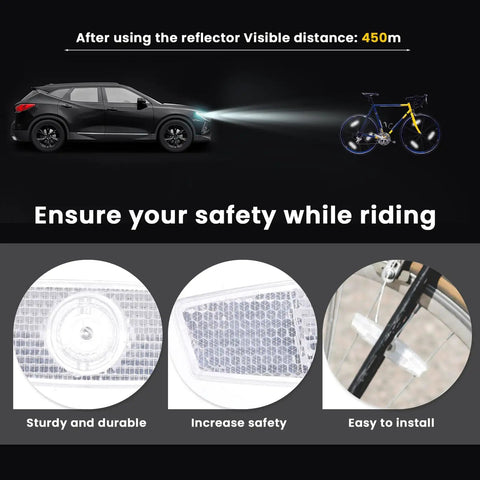 Graphic showing car headlights illuminating a bike with 4 Pack Bike Wheel Spoke Reflectors For Night Riding Safety for increased visibility.