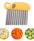 Front view of a yellow elephant-shaped crinkle cutter and fry cutter with stainless steel wavy blades for vegetables.