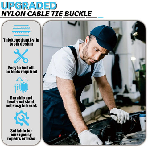 Technician using 200 Piece Heavy Duty Nylon Dual Lock Cable Tie Buckles With Rugged Storage Case for repairs in auto shop.