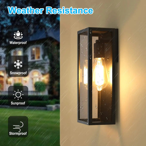 Top Shelf Matte Black Outdoor Wall Lights on a wall, featuring clear glass and waterproof design, ideal for patio use.