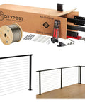 Dead Simple 48 Foot Deck Cable Railing Kit Ready For Quick Install With Marine Grade Stainless Steel Wire Pre Drilled Posts Gray Finish Base Mount Package components including cable, tools, and railing.