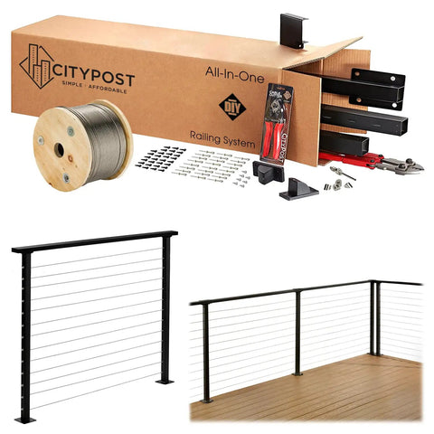Easy As Pie Cable Railing Kit For Decks Featuring Marine Grade Stainless Steel Cables plus pre drilled posts and hardware in kit form.