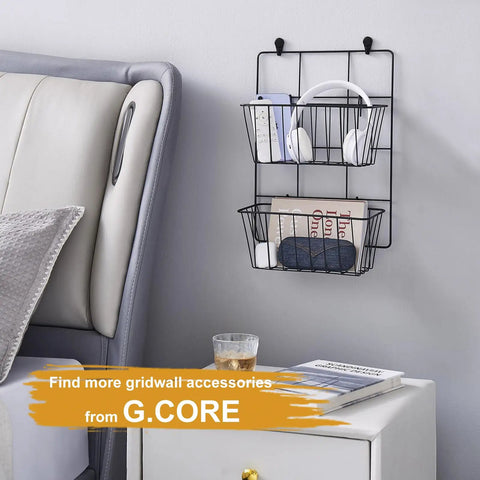 Four Pack Large Grid Wall Baskets With S Hooks For Garage Or Display Shelves Heavy Duty Black Metal Gridwall Organizer Bins Set Modular Storage Caddies For Photo Displays And Panel Shelving installed in bedroom