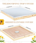 2 Pack Telescoping Beehive Cover Kit with inner covers and feeding jar lids for 10 frame beehives shown with measurements