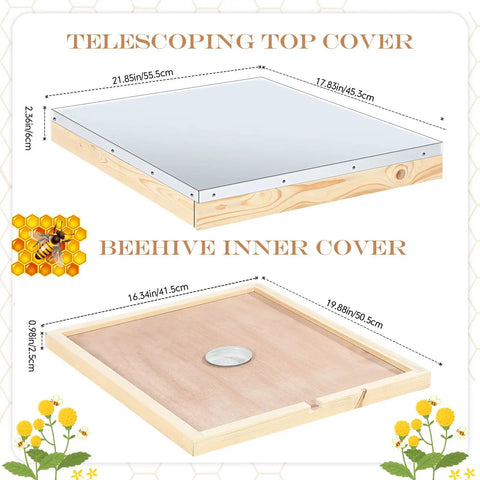 2 Pack Telescoping Beehive Cover Kit with inner covers and feeding jar lids for 10 frame beehives shown with measurements