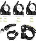 Quick Release Aluminum Bike Seat Post Clamp Collar for 28.6mm 31.8mm 34.9mm seats, showing size, weight, and design details.