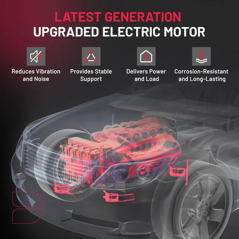 Illustration of engine components in a car showing benefits of latest generation upgraded electric motor for stability and power delivery.