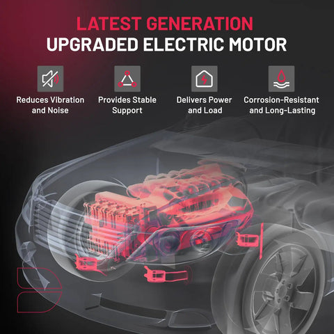 Latest generation upgraded electric motor illustration with components highlighting stability and reduced vibrations for vehicles.