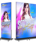 No Sweat Setup 80 Inch P1.86 Led Digital Signage Display With Smart Publishing Suite And Rugged Flight Case Foldable Ad Kiosk Video Wall, featuring vibrant event advertisement with a model.