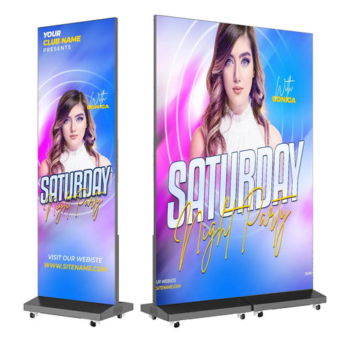 No Sweat Setup 80 Inch P1.86 Led Digital Signage Display With Smart Publishing Suite And Rugged Flight Case Foldable Ad Kiosk Video Wall, featuring vibrant event advertisement with a model.